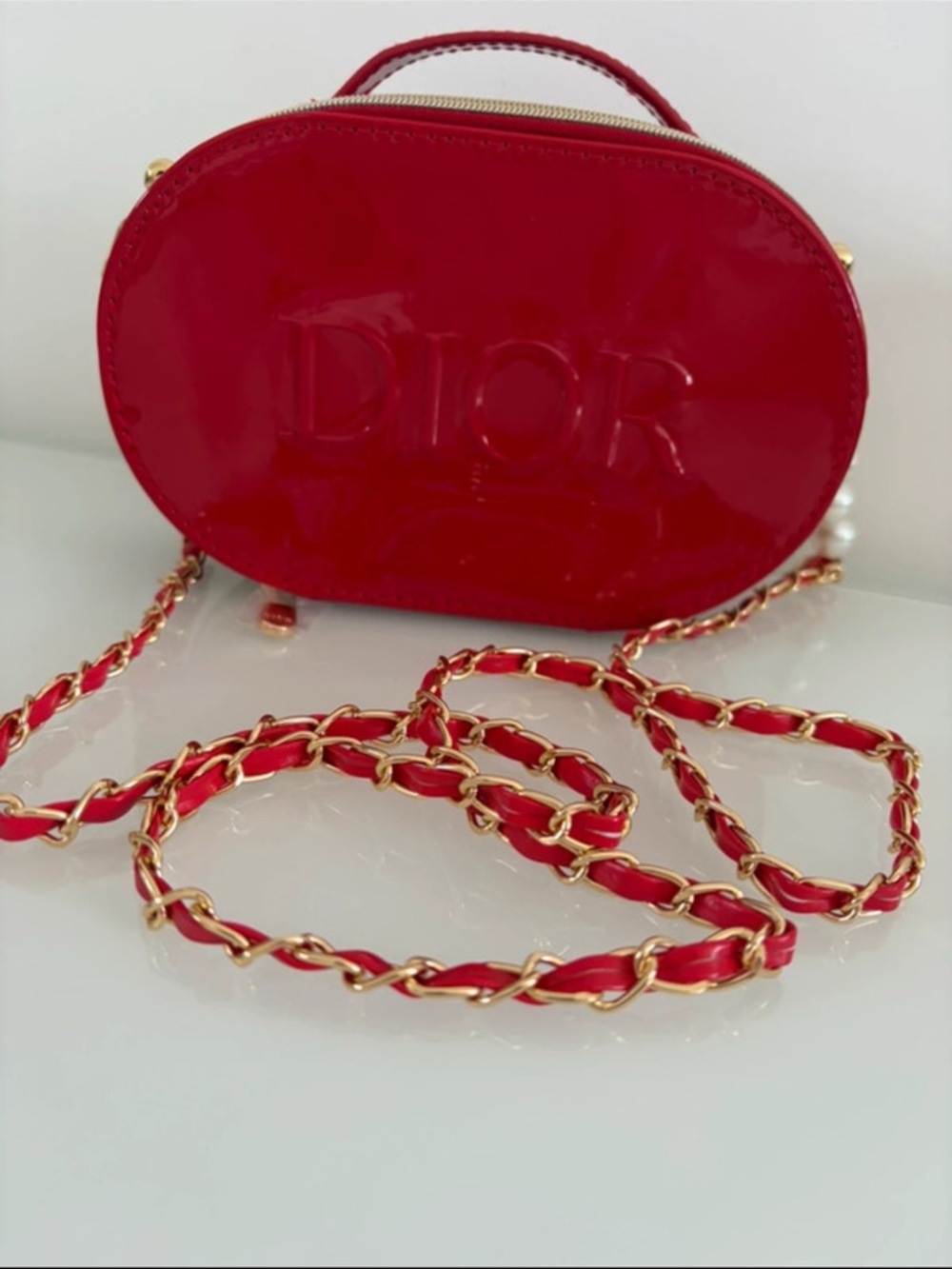 Dior Red Patent Oval Mini Crossbody with Gold Chain